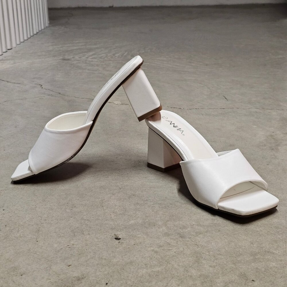 White Block Heel Mules With Open Square Toe Womens Heeled Sandals